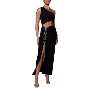 Meshki Black Margot One Shoulder Diamante Rope Bodycon Midi Dress Size M NEW